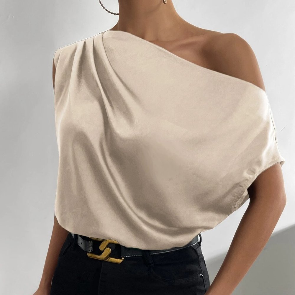 Khaki Boho Womens Asymmetrical Neck Ruched Shoulder Blouse - Picture 5 of 5